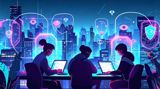 Create a digital illustration of a futuristic cityscape at night, with individuals browsing the internet on various devices including laptops, tablets, and smartphones. Incorporate a translucent, protective shield or bubble over each person, symbolizing a VPN, with cyber threats like hackers and digital eyes trying unsuccessfully to penetrate these shields. The overall atmosphere should suggest security, privacy, and advanced technology.