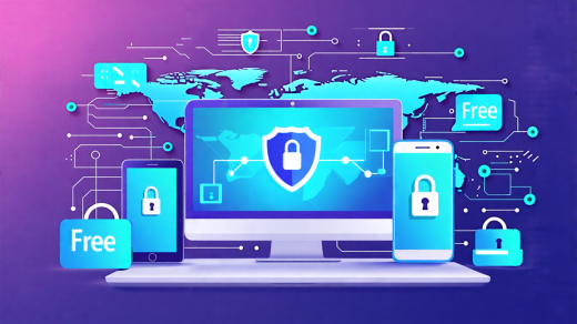 Create a vibrant, detailed digital illustration showing the benefits of using a free VPN for online security. The image should include a secure and encrypted internet connection, a shield icon representing protection, and a world map indicating global access. Show different devices like a laptop, tablet, and smartphone all connected securely, with a background of digital data and security symbols to emphasize online privacy. Add visual elements signifying free such as a price tag with zero cost.