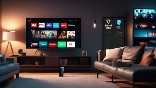 Create an image of a modern living room with a large flat-screen TV mounted on the wall displaying popular streaming service icons like Netflix, Hulu, and Amazon Prime. In front of the TV, there's a Firestick device plugged in, and beside it, a digital shield symbolizing security and privacy is glowing. Subtly included are recognizable VPN logos connected to the TV by dotted lines, highlighting secure streaming channels.