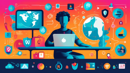 Create an illustration of a person using a laptop with a friendly, secure shield symbol on the screen, surrounded by symbols of Wi-Fi signals, globe icons, and padlocks, all in a vibrant and visually appealing style. The background should have imagery that represents global connectivity and security. Include text banners that read Gratis VPN and Discover the Benefits.