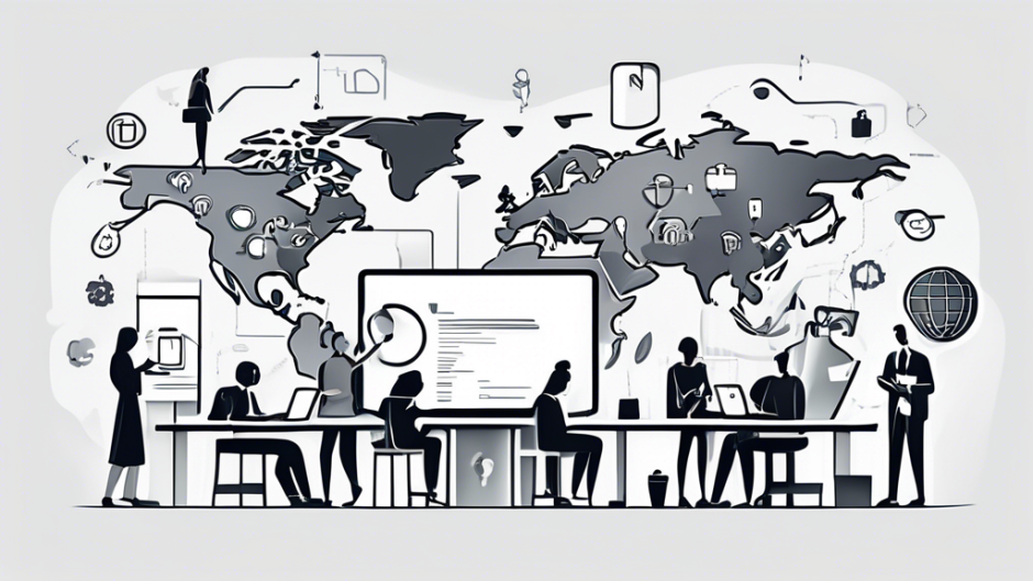 Create an image of a diverse group of people happily using various devices like laptops, tablets, and smartphones, each device displaying a connected VPN icon. The background should feature a world map highlighting different countries to emphasize global connectivity. Include elements like price tags and shields to represent affordability and security.