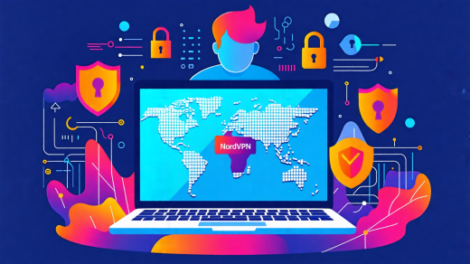 Create a detailed digital illustration of a person using a laptop while surrounded by visual metaphors for online security, such as shields, locks, and encrypted data streams. The laptop screen should display the NordVPN logo, representing secure browsing. The background can feature a globe to signify global internet access, with vibrant colors indicating protection and an interconnected world.