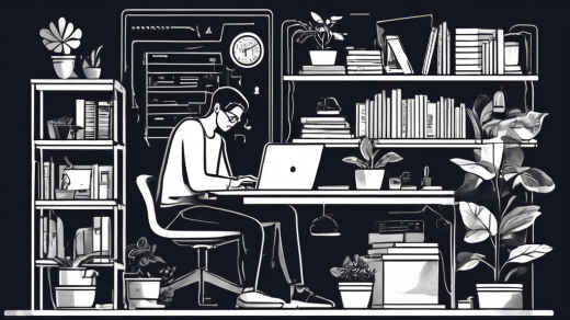 Create a detailed digital illustration of a person sitting at a modern home office desk, using a laptop with a VPN software interface displayed on the screen. Surround the person are various icons representing security features, privacy, and global access. The background includes shelves with books and a small plant, emphasizing a cozy but tech-savvy environment.