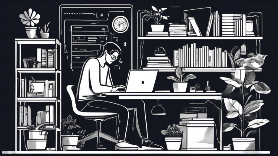 Create a detailed digital illustration of a person sitting at a modern home office desk, using a laptop with a VPN software interface displayed on the screen. Surround the person are various icons representing security features, privacy, and global access. The background includes shelves with books and a small plant, emphasizing a cozy but tech-savvy environment.