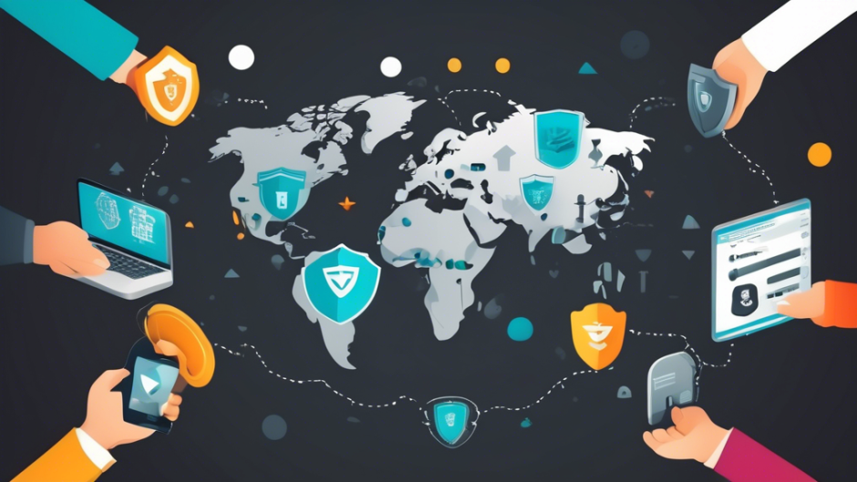 Create an illustration of the top 5 best free VPN services represented as secure and friendly shields surrounding a globe, symbolizing global internet security. Each shield should have a unique icon to distinguish the different VPN services. Use vibrant colors to convey trust and accessibility.