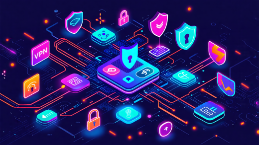 Create an image of a futuristic digital landscape showcasing the best VPN services for 2023. Display icons or logos of top VPN providers connected by secure, glowing networks. Include elements like shields, locks, and encrypted data streams to represent security and privacy. Use a modern, tech-savvy aesthetic with a mix of dark and neon colors.