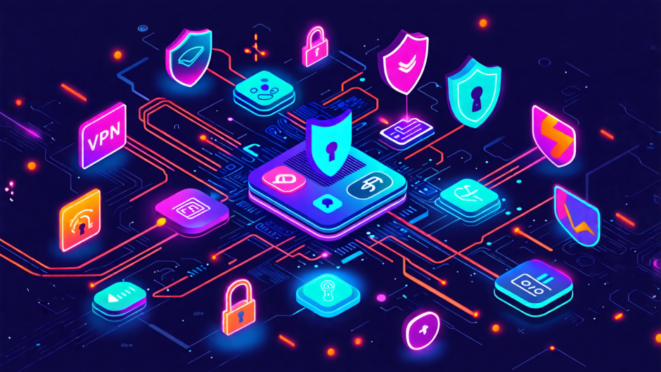 Create an image of a futuristic digital landscape showcasing the best VPN services for 2023. Display icons or logos of top VPN providers connected by secure, glowing networks. Include elements like shields, locks, and encrypted data streams to represent security and privacy. Use a modern, tech-savvy aesthetic with a mix of dark and neon colors.