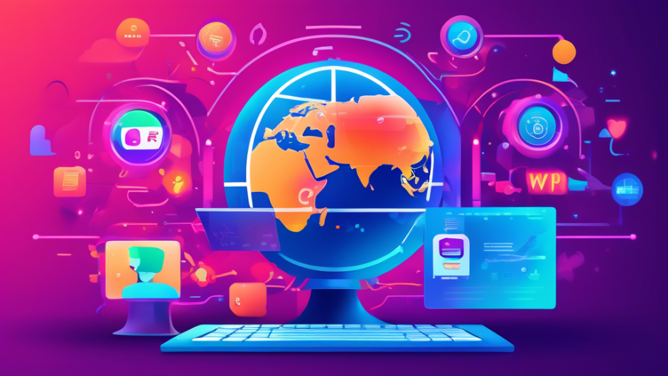 Create a vibrant digital illustration showcasing the top benefits of using a free VPN for PC. The image should depict a computer connected to a globe symbolizing worldwide internet access, with icons representing privacy protection, secure wifi, bypassing geo-restrictions, and anonymous browsing circling around it. Include a friendly user interface on the computer screen that highlights a 'Free VPN' service in use.