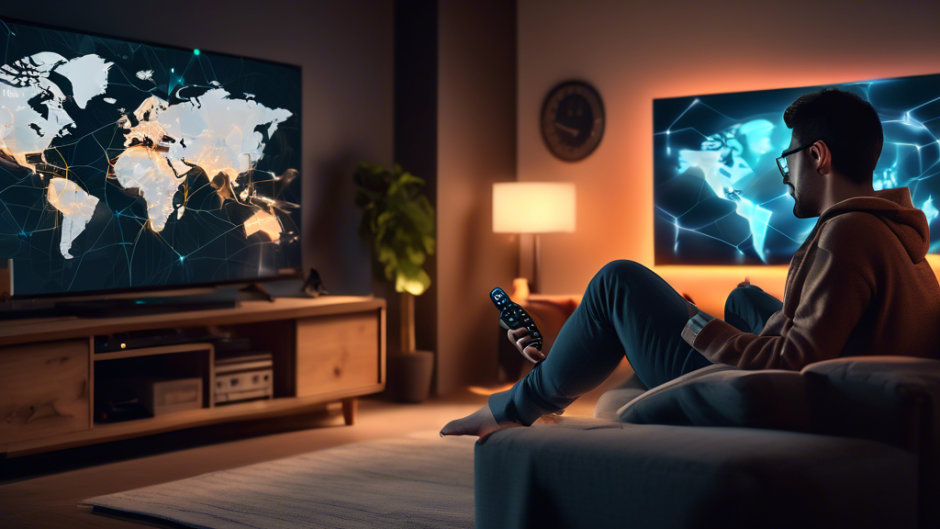 A cozy living room setting with a television displaying a popular streaming service on a Firestick device. In the room, a person relaxes on a couch with a remote in hand, while a semi-transparent shield with a padlock icon symbolizes enhanced security. A world map with glowing nodes in the background indicates global content access, and a speedometer icon depicts fast and reliable streaming with a VPN.