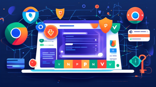 Create an illustration of a computer screen displaying a modern web browser with various tabs open. In the center, show an active Chrome extension menu highlighting well-known free VPN extensions like ProtonVPN, Windscribe, and TunnelBear. Incorporate cybersecurity symbols such as padlocks and shields around the screen to emphasize secure browsing. The background should reflect a digital theme with abstract patterns or code snippets.