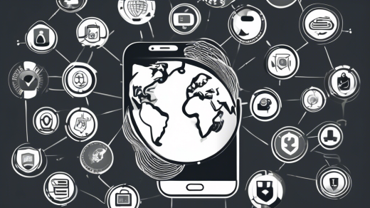 A detailed illustration of an iPhone displaying various VPN app icons with secure connection icons, featuring a backdrop of a globe and shield symbols, representing global internet security and privacy. The scene should have a modern, clean look with a professional yet friendly design.