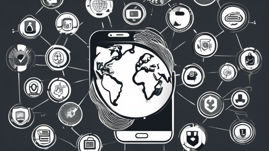 A detailed illustration of an iPhone displaying various VPN app icons with secure connection icons, featuring a backdrop of a globe and shield symbols, representing global internet security and privacy. The scene should have a modern, clean look with a professional yet friendly design.