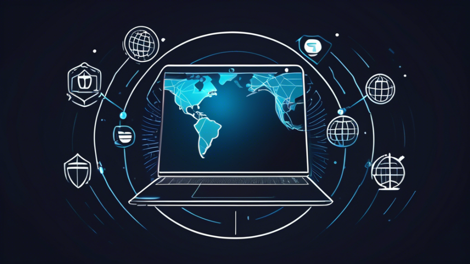 Create an image of a sleek and modern laptop displaying a globe with interconnected lines, representing global internet connectivity, on its screen. In the background, a shield with the word 'IPVanish' is prominently displayed, symbolizing protection. Around the laptop, various icons for security features, such as encryption, speed, and privacy, are depicted, along with a comfortable home office environment indicating the ease of use and accessibility of the VPN service.