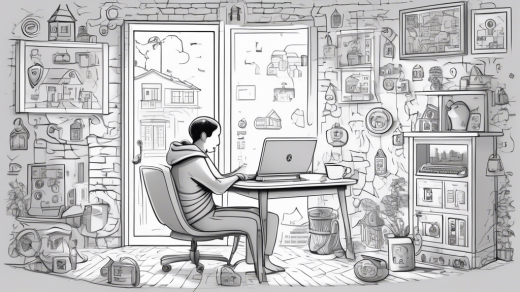 Create an illustration of a person using their laptop in a cozy home setting, surrounded by various digital security symbols such as a shield, padlock, and encrypted data lines, symbolizing the benefits of private internet access. The background should include a window showing a peaceful neighborhood, reinforcing the idea of security and privacy at home.