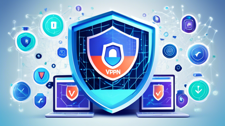 An engaging digital illustration showcasing the concept of online privacy and security. Central to the image is a shield symbol, representing protection, which is intertwined with the text 'VPN Express'. Behind the shield, a network of connected devices such as smartphones, laptops, and tablets create a web. The background is composed of subtle binary code and digital locks, adding a layer of depth and emphasizing the online aspect. Use modern, sleek design elements with a color palette that includes blues, whites, and hints of green.