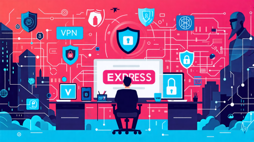 Create a detailed illustration that emphasizes the importance of using Express VPN for online privacy. The image should feature a person sitting at a desk with a computer, tablet, and smartphone, all displaying the Express VPN logo. The person is surrounded by symbols of cybersecurity, such as a shield, lock, and encrypted code, creating a safe digital bubble around them. In the background, portray a stark contrast with dark, ominous figures representing hackers and data thieves attempting to break in but being blocked by a digital firewall. Make the scene informative yet visually engaging, with a tech-savvy, modern aesthet aesthetic. The overall tone should convey security, peace of mind, and advanced technology.