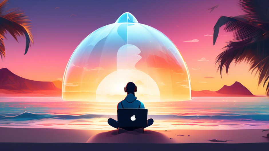 Create a visually striking digital illustration of a person using a laptop on a beach, with a vast, transparent dome surrounding them that symbolizes security and privacy. The laptop screen displays the Surfshark VPN logo prominently. In the background, a vibrant sunset over the ocean provides a serene and peaceful atmosphere, signifying the ultimate sense of security and tranquility. Incorporate subtle elements like digital padlocks and shields within the transparent dome to emphasize online privacy.