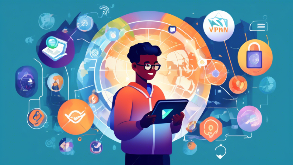 Create an illustration of a person surrounded by various digital elements representing VPN app features, such as a shield for security, a globe for global servers, a lightning bolt for fast speed, and a padlock for privacy. The person is holding a magnifying glass as they examine various VPN app logos on a tablet. The background is a digital landscape depicting connectivity and internet themes.