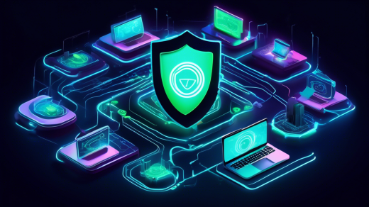 Create an image of a futuristic digital landscape representing secure internet browsing. The scene includes a glowing shield emblem emblazoned with 'PureVPN' at the center, with various interconnected devices like laptops, smartphones, and tablets surrounding it. Streams of data flow safely through a network of neon blue and green lines, symbolizing protected and fast internet connectivity. The background displays a digital world map, highlighting global connectivity, privacy, and security.