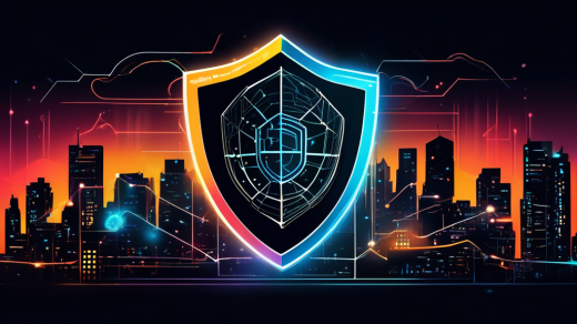 Create an image of a digital shield, symbolizing secure browsing, with the Atlas VPN logo subtly integrated into the design. Include a background depicting a futuristic cityscape connected by a network of glowing lines, representing global internet connectivity and protection. Highlight vibrant colors to convey trust and security in the realm of digital communications.