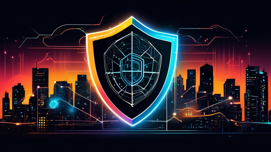 Create an image of a digital shield, symbolizing secure browsing, with the Atlas VPN logo subtly integrated into the design. Include a background depicting a futuristic cityscape connected by a network of glowing lines, representing global internet connectivity and protection. Highlight vibrant colors to convey trust and security in the realm of digital communications.