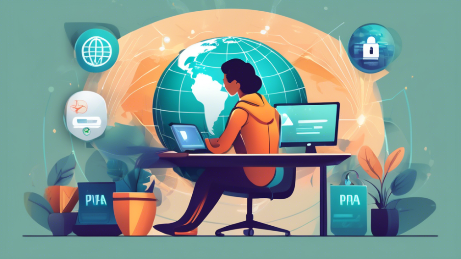 Create an image showcasing a person sitting at a desk, surrounded by digital shields and locks, representing online security. On their computer screen, display the PIA VPN logo prominently, with a globe in the background symbolizing global access. The setting should exude a sense of safety and privacy, with a warm, cozy ambiance in the room.