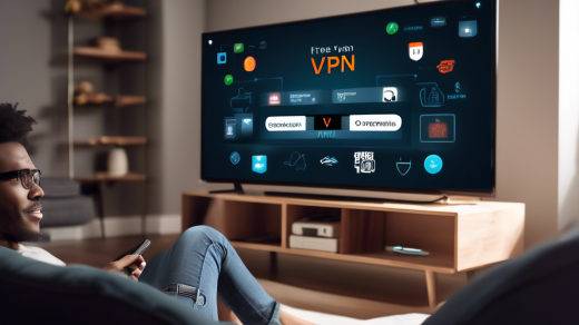 Create an image of a person sitting comfortably in a living room, using a Firestick remote to stream content on a sleek, modern TV. The TV screen shows a digital interface illustrating various VPN options with the words Free VPN prominently displayed. In the background, there are subtle digital security icons like padlocks, shields, and virtual networks, symbolizing online privacy. The room is warmly lit, hinting at a cozy and secure streaming experience.