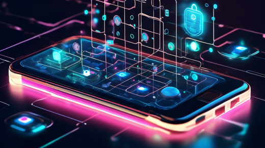 Create an image depicting a futuristic Android smartphone surrounded by glowing digital shields and padlocks, symbolizing security. The screen of the phone displays a sleek VPN app interface with various world locations. In the background, there's a digital grid representing a secure and encrypted network. The atmosphere should convey a sense of advanced technology and protection in 2024.