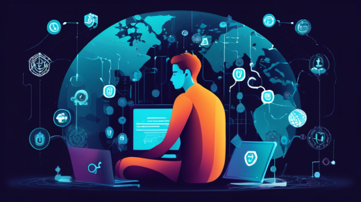 Create an image of a person sitting at a computer surrounded by various symbols representing different VPN services, such as locks, shields, and global networks. The person appears focused and contemplative, with small question marks floating around their head, symbolizing decision-making. The background has a digital feel, with binary code and abstract representations of the internet, symbolizing security and privacy.