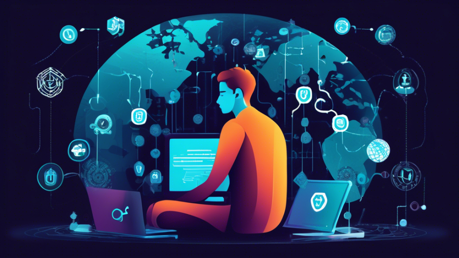 Create an image of a person sitting at a computer surrounded by various symbols representing different VPN services, such as locks, shields, and global networks. The person appears focused and contemplative, with small question marks floating around their head, symbolizing decision-making. The background has a digital feel, with binary code and abstract representations of the internet, symbolizing security and privacy.