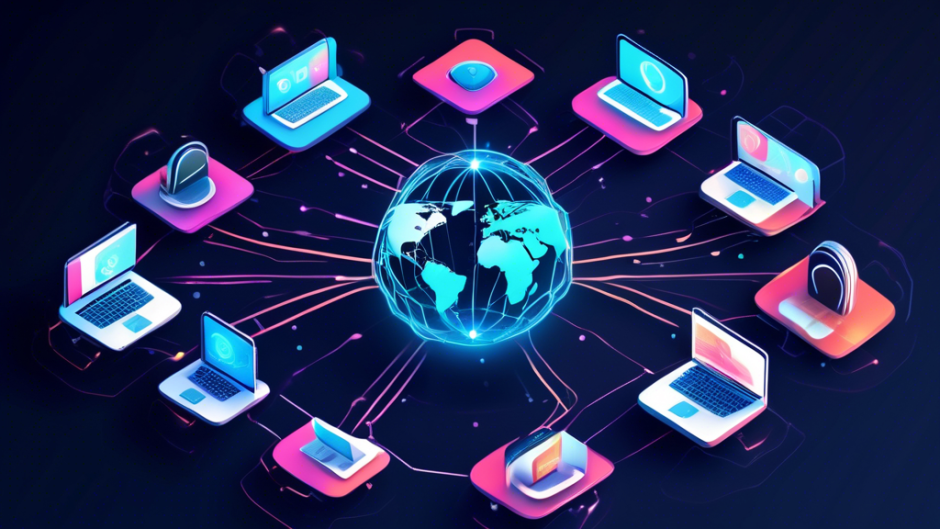 Create an image depicting a digital landscape where a series of virtual tunnels or networks are securely connecting various devices such as laptops, smartphones, and tablets. Each device is surrounded by a shield symbol, representing enhanced online privacy and security. The background should illustrate a globe with glowing lines connecting different continents, symbolizing global VPN connectivity. Include visual elements like binary codes and padlocks to emphasize the theme of cybersecurity and VPN protection.