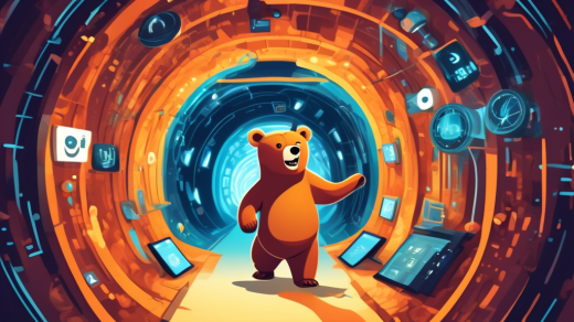 Create an illustration of a whimsical, cartoonish bear navigating through a digital tunnel that represents the internet, with elements like data streams, locks, and globe icons symbolizing global internet access and security. The bear should be cheerful and wearing a miner's helmet with a light, symbolizing guidance and safety as it explores the tunnel, embodying the essence of a VPN service like TunnelBear.