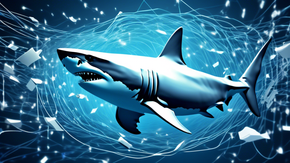 Create an imaginative visualization of the concept of digital security and privacy, featuring a stylized great white shark swimming through a sea of data streams and internet connections. The shark represents Shark VPN, depicted with a sleek and futuristic design, symbolizing speed and protection. Incorporate abstract elements like locks, shields, and digital streams to emphasize the enhanced privacy and security benefits offered by the VPN service. The background should suggest an expansive network, illustrating global connectivity.