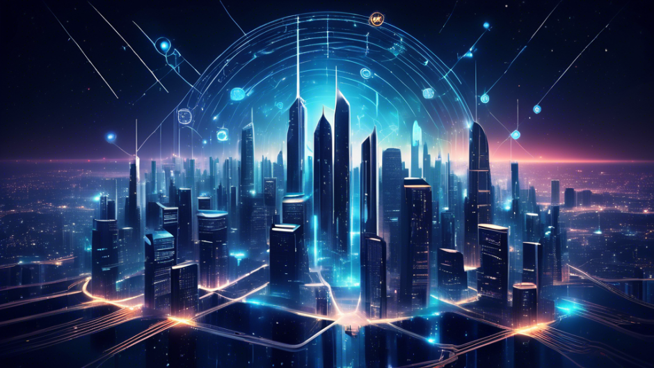 Create an image depicting a futuristic, secure digital cityscape, where each skyscraper represents a different aspect of internet privacy. Highlight a central, transparent tower labeled Proton VPN, surrounded by glowing, interconnected pathways symbolizing secure data channels. Include elements like shields, locks, and digital waves to emphasize security, all set under a starry night sky, reflecting the theme of secure internet browsing.