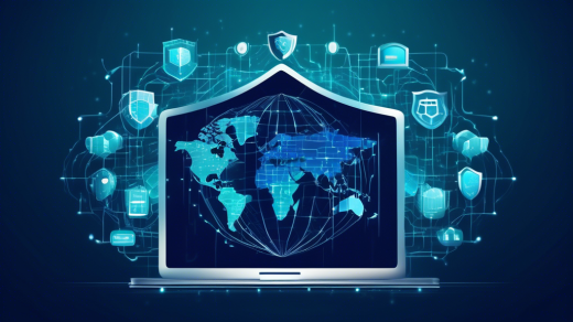 Create an image that represents a digital shield made of ones and zeros surrounding the Earth, symbolizing global internet security. Incorporate visual elements like secure locks and encrypted data streams flowing between countries. Include different devices such as laptops and smartphones connected to the network, emphasizing the concept of VPN services. The overall color scheme should convey a sense of trust and security, combining shades of blue and green.