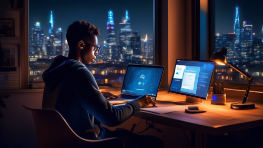 Create an image of a person sitting at a desk, intently reading a glowing laptop screen displaying a VPN app interface, with the Hotspot Shield logo subtly visible on the screen. The room is cozy, with warm lighting and a cityscape visible through a window. The desk is cluttered with tech gadgets, a coffee mug, and a notepad with scribbled notes and graphs, conveying a sense of thorough analysis and research in progress.