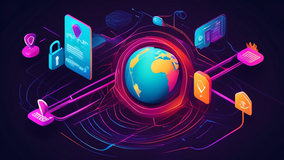 Create an intriguing illustration that visually represents the concept of VPN technology, specifically focusing on Hola VPN. Depict a digital network with vibrant, interconnected lines forming a globe shape, symbolizing global internet access. On one side, highlight the benefits: enhanced security, freedom to access content, and privacy, by incorporating visuals of locks, open doors, and shields. On the other side, show the drawbacks: potential security risks and data vulnerabilities, represented by warning signs and broken chains. Use a balanced color scheme to convey both aspects, creating a thought-provoking image that encapsulates the dual nature of using Hola VPN.