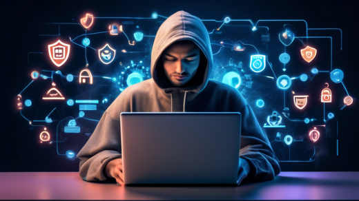 Create an image of a person comfortably browsing the internet on a laptop, surrounded by digital padlocks, shields, and glowing enhanced security symbols. The laptop screen displays a Bitdefender VPN interface, showcasing its secure and user-friendly features. The background should imply a sense of tranquility and safety, emphasizing the idea of protected and worry-free online browsing.