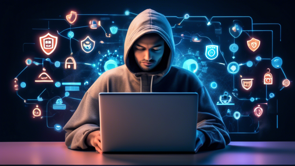 Create an image of a person comfortably browsing the internet on a laptop, surrounded by digital padlocks, shields, and glowing enhanced security symbols. The laptop screen displays a Bitdefender VPN interface, showcasing its secure and user-friendly features. The background should imply a sense of tranquility and safety, emphasizing the idea of protected and worry-free online browsing.