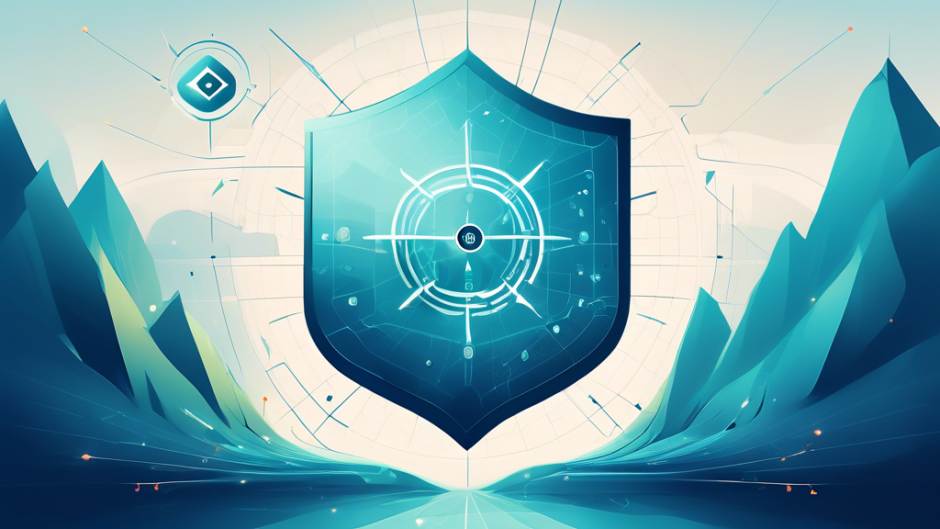 Create an image of a digital landscape that embodies online security and privacy. Include a prominent virtual shield symbolizing protection, with subtle elements representing NordVPN, such as a stylized compass or navigational motifs. The background should convey a sense of calm and safety in a digital world, perhaps with abstract binary code and secure data streams weaving through a serene, cyber environment.