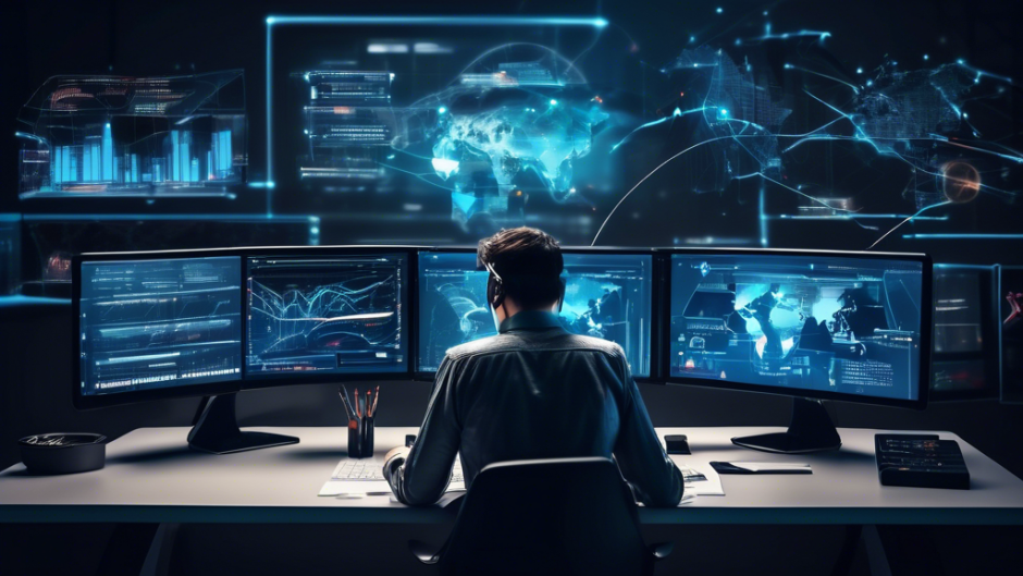 Create an image of a person sitting at a desk with multiple computer screens displaying various graphics and statistics, representing a VPN performance test. The room is filled with high-tech gadgets and the atmosphere is futuristic. On one screen, there are charts and graphs indicating internet speed, latency, and other performance metrics. The person is focused and making notes, showing a sense of analysis and testing. Include visual elements like routers, cables, and symbols of security, such as locks or shields, to emphasize the VPN aspect.