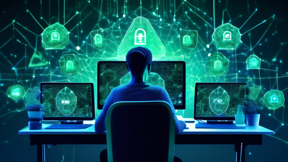 Create an image of a digital landscape symbolizing internet security: a person is seated at a desk with a laptop, surrounded by glowing, protective digital shields symbolizing a Private VPN. The shields are connected to an intricate network of data streams, highlighted in blue and green hues, illustrating enhanced online security. In the background, abstract representations of hackers and cyber threats are being blocked by the VPN shields, creating a sense of safety and privacy.