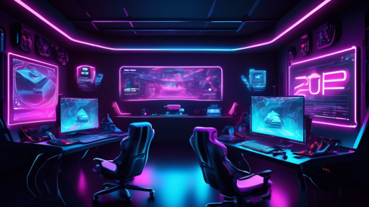 Create an image of a futuristic gaming setup in 2023, featuring multiple screens displaying popular online multiplayer games. In the background, a glowing holographic interface shows a list of the top VPN services for gaming, with sleek logos and speed metrics. The room is illuminated with neon lights, emphasizing a high-tech, cyberpunk aesthetic.