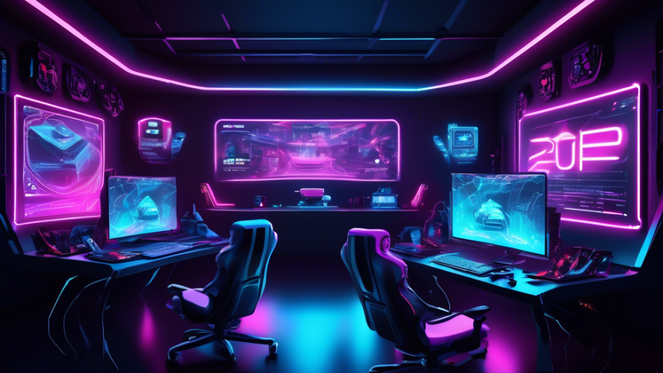 Create an image of a futuristic gaming setup in 2023, featuring multiple screens displaying popular online multiplayer games. In the background, a glowing holographic interface shows a list of the top VPN services for gaming, with sleek logos and speed metrics. The room is illuminated with neon lights, emphasizing a high-tech, cyberpunk aesthetic.